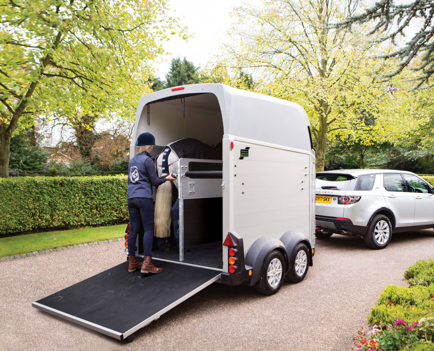 Horsebox_HBE_Silver_8 spoke alloy wheels_high level brake light_Rear Ramp Open_Loaded_driveway