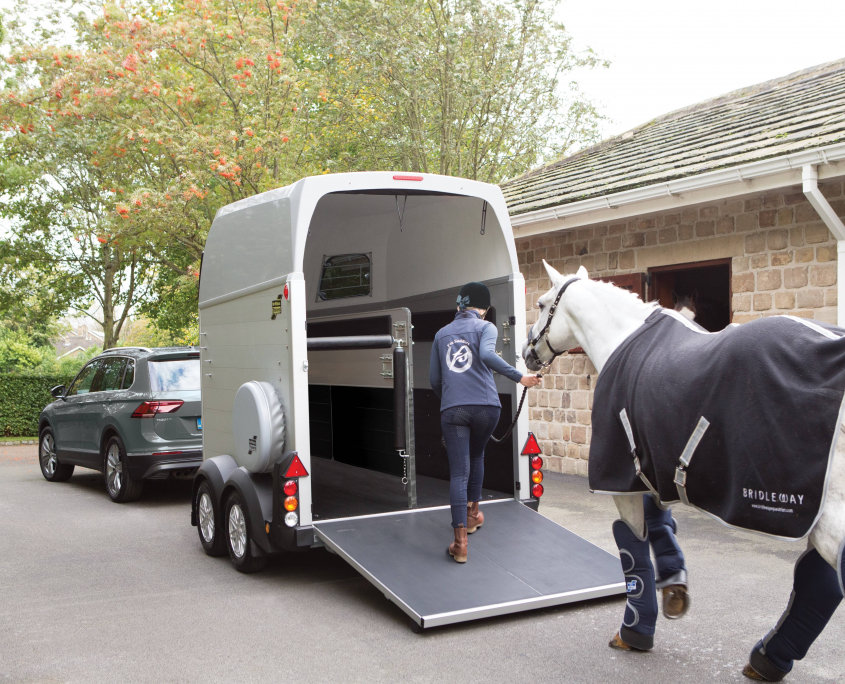 Horsebox_HBE_Silver_8 spoke alloy wheels_high level brake light_Rear Ramp Open_Loading_stable yard